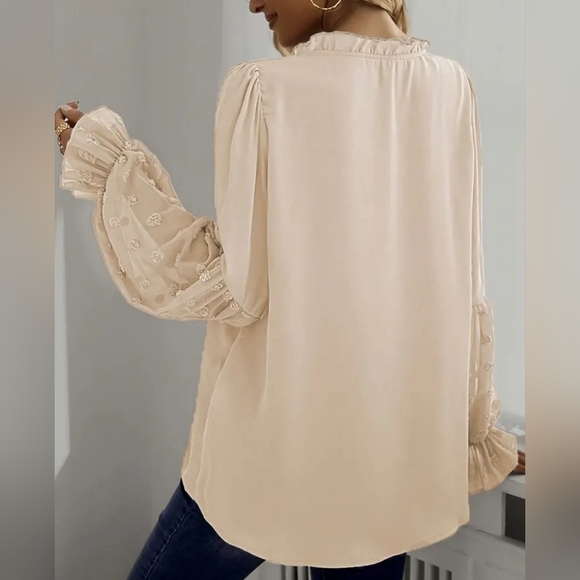 New Boho Flowy Peasant Tie Neck Swiss Dot Blouse Top Cream Beige Ivory - Picture 4 of 7